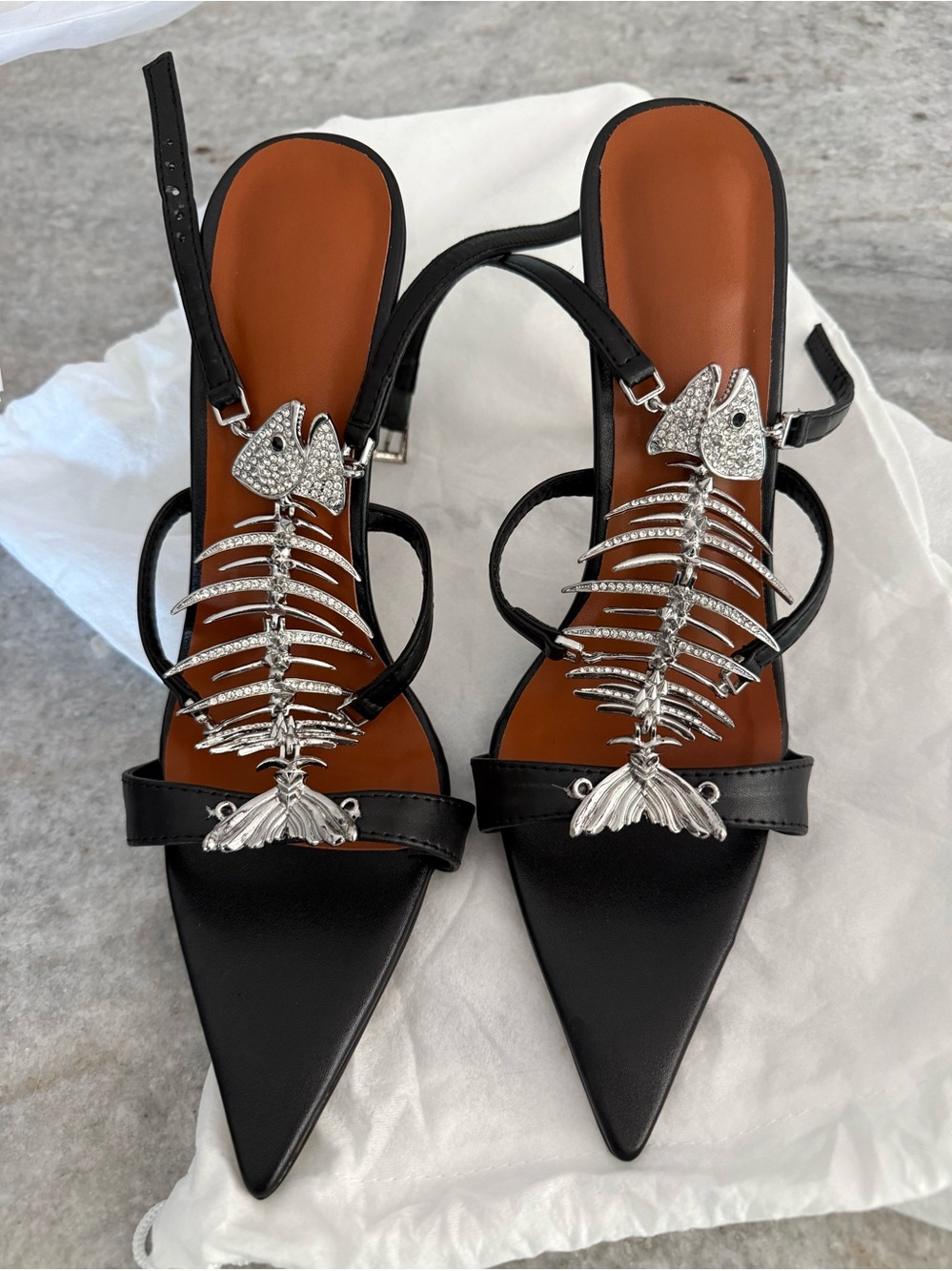 Black Pointed-Toe Strappy Heels with Silver Fishbone Accent
